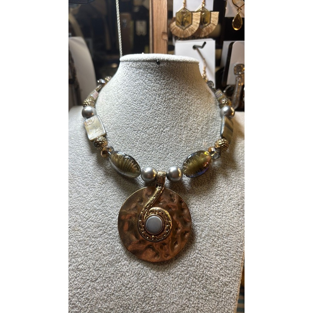 #19. Gorgeous Artisan Beaded Statement Necklace with Hammered Gold Pendant